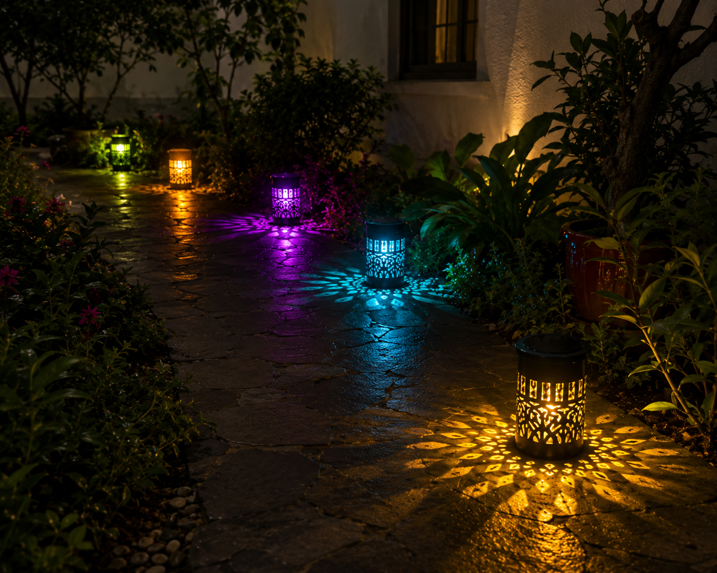 Beautifully illuminated garden pathway after installing Cozy Garden solar lights