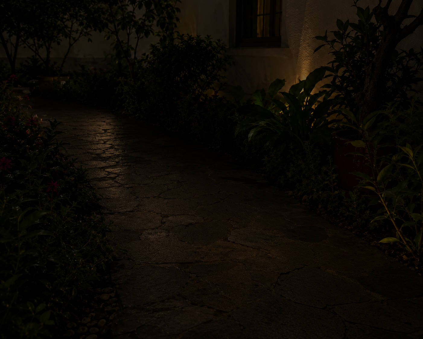 Dark garden pathway before installing Cozy Garden solar lights